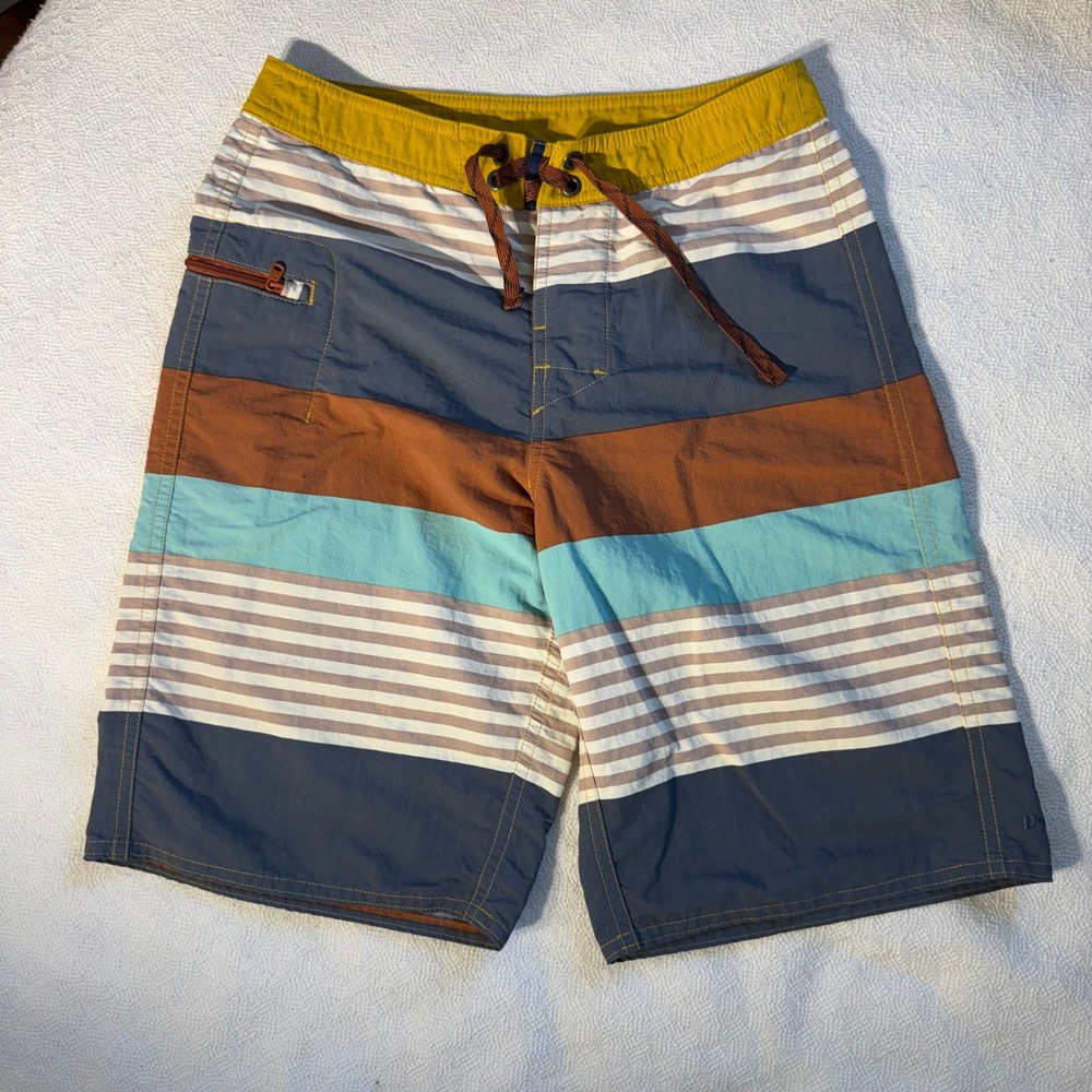 Patagonia Boys Striped Baggies Board Shorts Blue Brown Yellow Size12 Swim Trunks